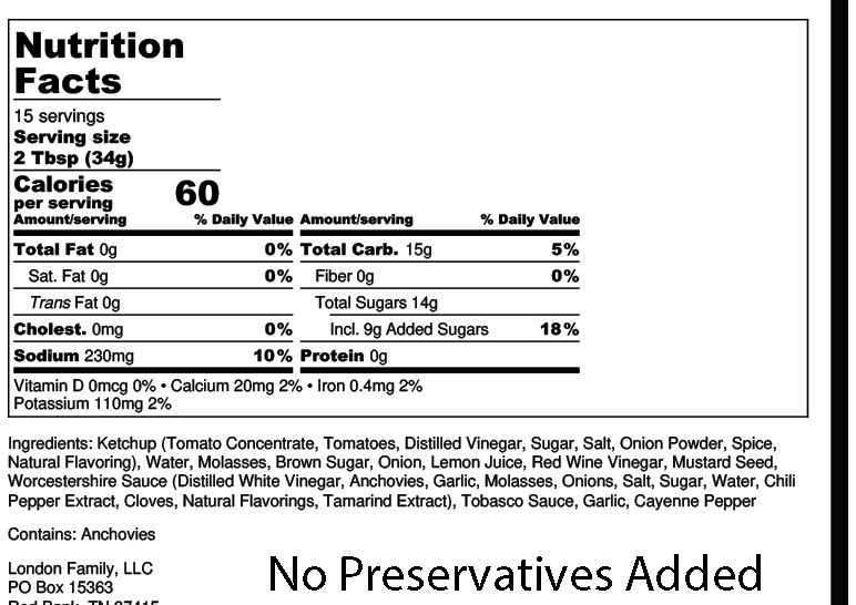Nutrition Facts: 15 servings, serving size 2 Tbsp (34g), 60 calories, 230mg sodium, 15g total carbohydrate, 14g total sugars including 9g added sugars, 0g protein